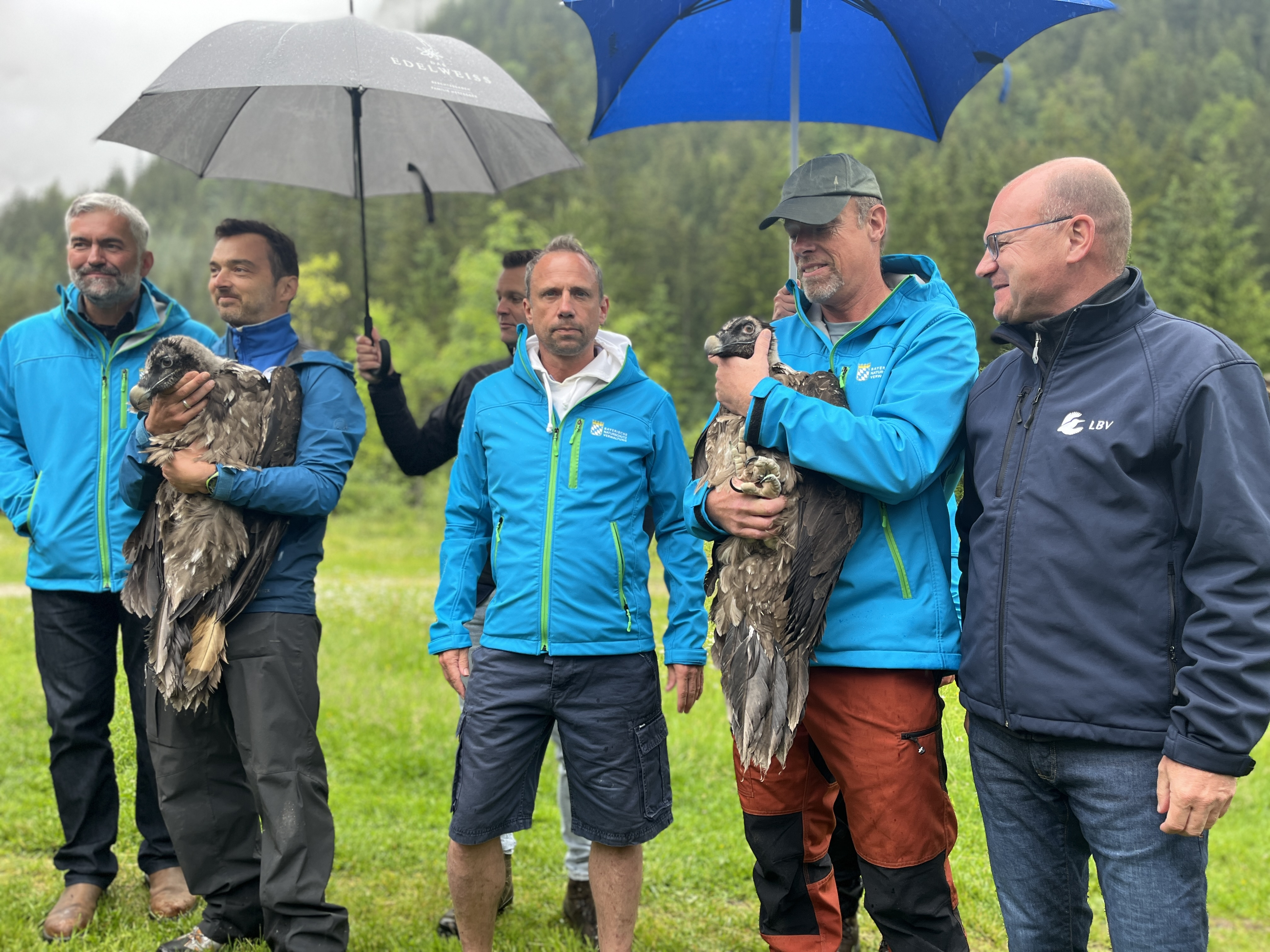 Pressebild: Beim Festakt zur Auswilderung (v.l.): Dr. Roland Baier (Nationalparkleiter), David Schuhwerk (LBV) mit „Dagmar“, Umweltminister Thorsten Glauber, Ulrich Brendel (Nationalpark) mit „Recka“, Dr. Norbert Schäffer (LBV-Vorsitzender)