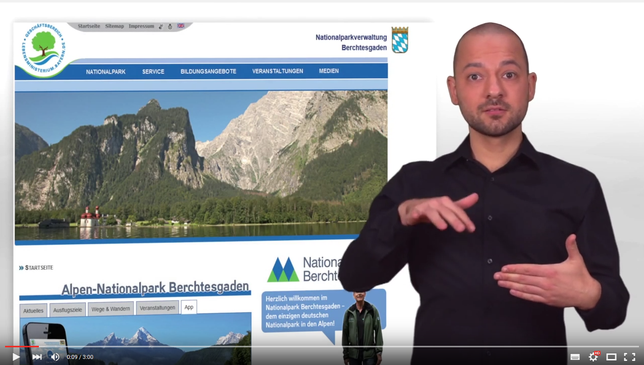 The video explains the contents of the website, i.e. the topics and tasks of the Berchtesgaden National Park. There is a play button on the image to activate the video